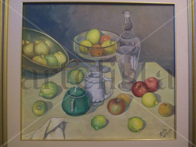 Bodegón: frutas, tetera verde,y botellón Oil Panel Still Life Paintings