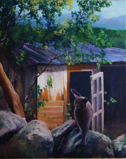 paisaje con gato Óleo Lienzo Paisaje