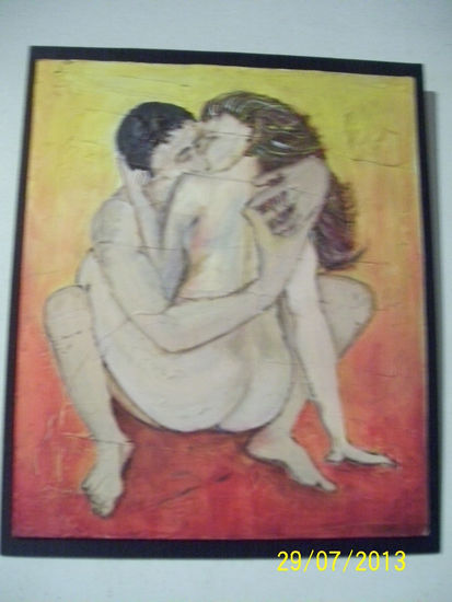 El beso Mixed media Panel Figure Painting