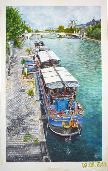 Une Peniche sur la Seine Acrylic Paper Marine Painting