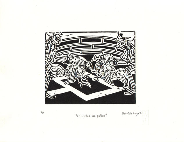 LA PELEA DE GALLOS Linocut