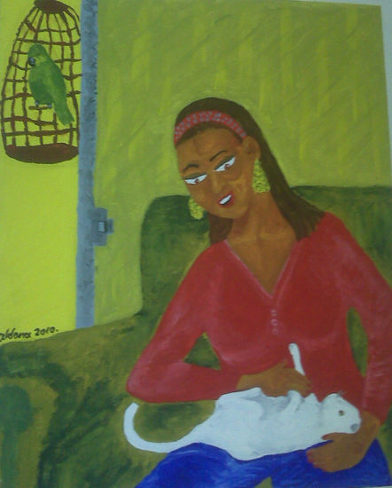 Jugando con gato Acrylic Textile Portrait