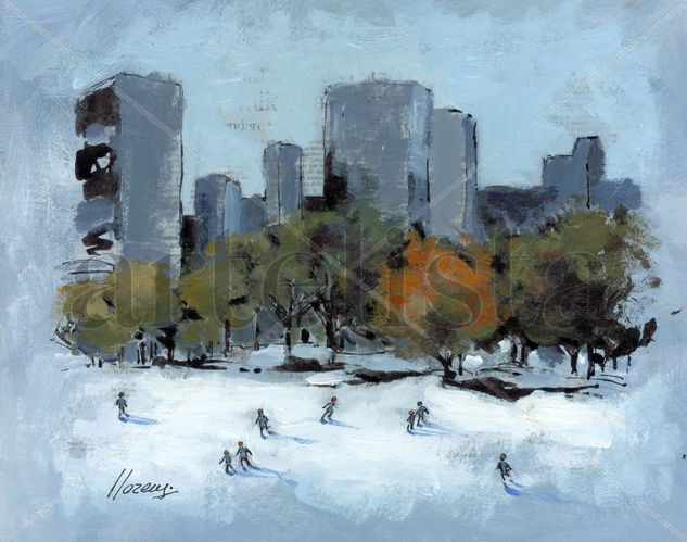 Patinando en Central Park Mixed media Card Landscaping