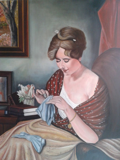 Mujer cosiendo. Óleo Lienzo Retrato