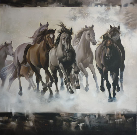 stallions and white dust Oil Canvas Animals