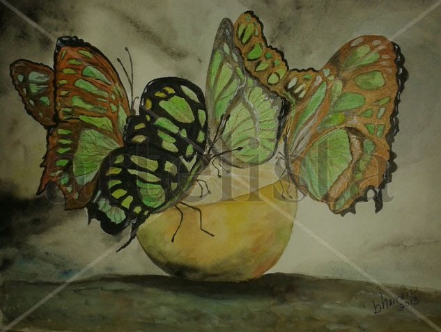 Mariposas sobre fruta Media Mixta Papel Animales