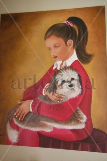 la nina y goldy Oil Canvas Portrait