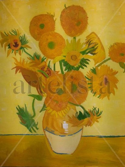 Jarron con quince girasoles Oil Canvas Floral Painting