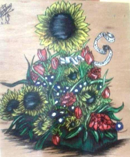 ARREGLO FLORAL CON GIRASOL Óleo Tabla Floral