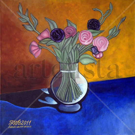 Naturaleza muerta con lisianthus (Still life with lisianthus) Mixed media Canvas Still Life Paintings