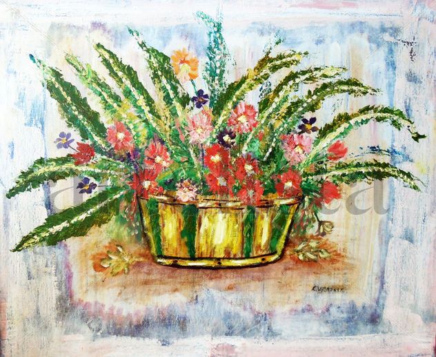 CESTA DE FLORES Y HELECHOS