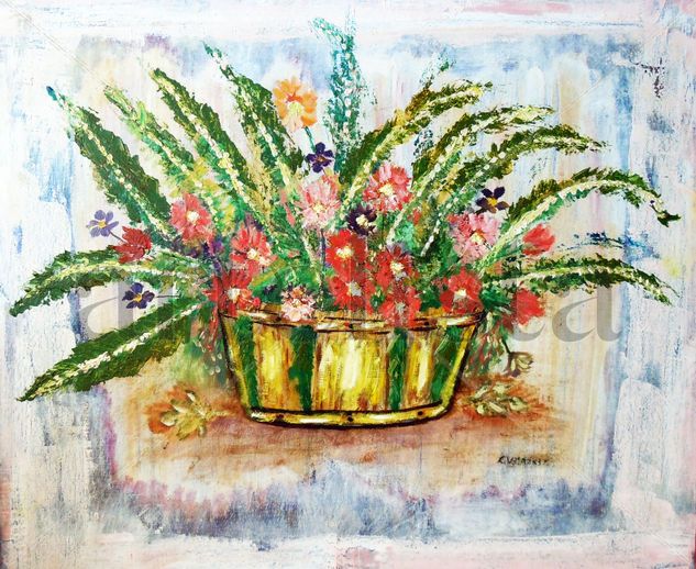 CESTA DE FLORES Y HELECHOS Oil Canvas Floral Painting