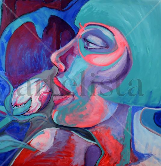 El beso de la rosa. Acrylic Canvas Portrait