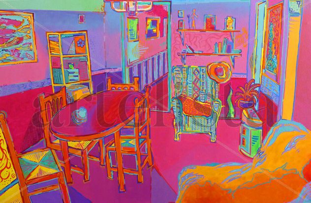 Retrato de hogar, el flujo de la vida con todos sentados a la mesa almorzando