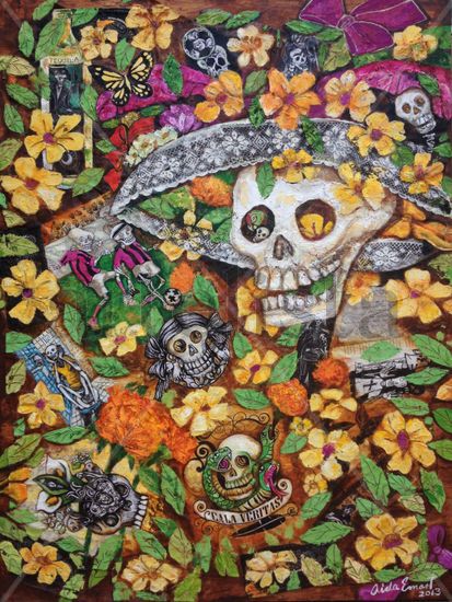 La Catrina en campo de flores y futbol Panel Figure