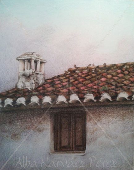 Tejado con Pájaros Mixed media Paper Landscaping