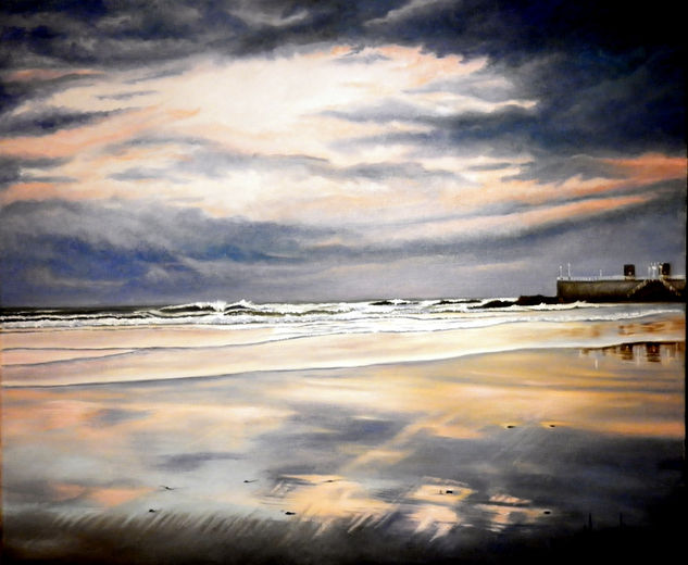 ATARDECER EN LA PLAYA DE SAN LORENZO DE GIJON  - SERIE PLAYAS DE ASTURIAS Oil Canvas Marine Painting