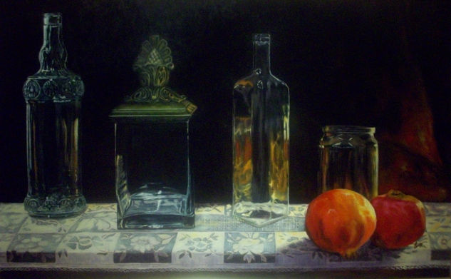 Bodegon, cristales con granadas Oil Canvas Still Life Paintings