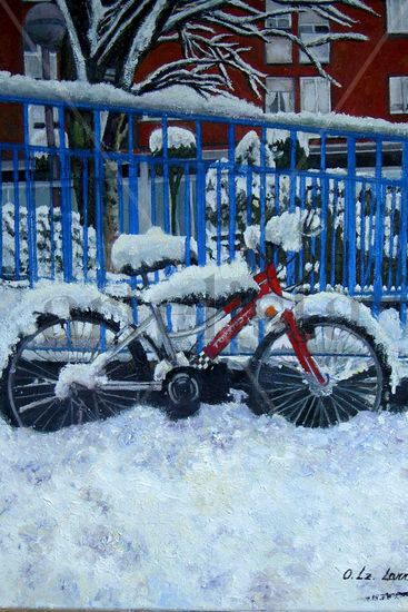 Bici en la nieve Óleo Lienzo Paisaje