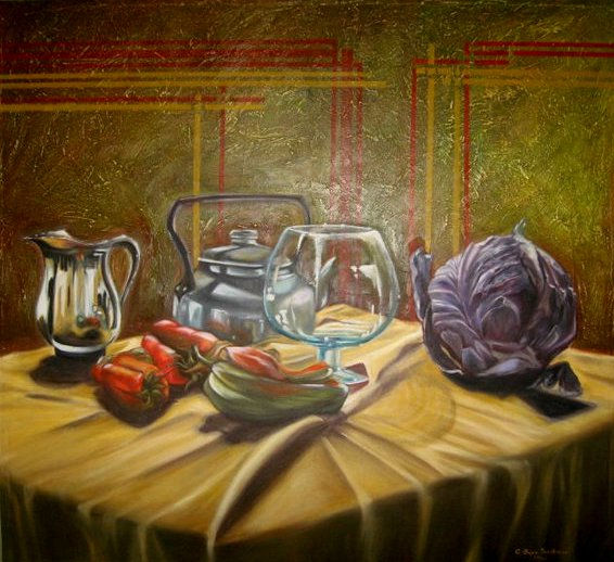 Bodegón con morrones y repollo Oil Textile Still Life Paintings