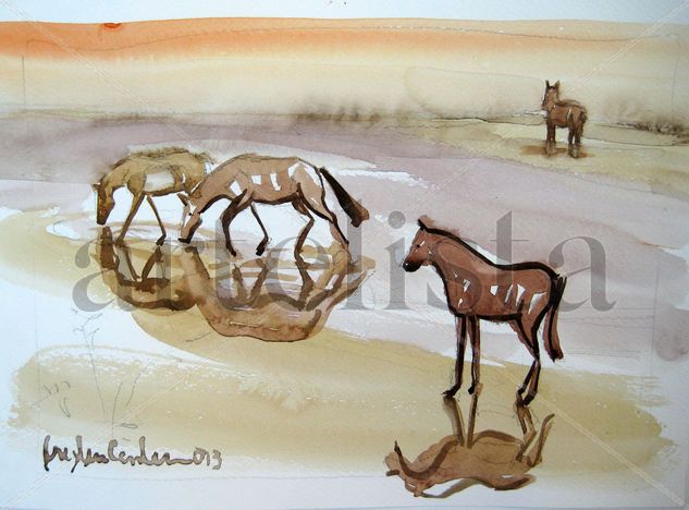 CABALLOS DE SOMBRA Acuarela Papel Animales