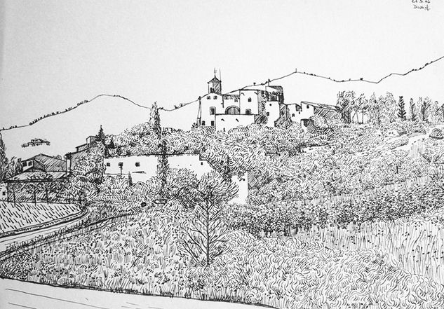 Paisaje con el campanario de Canyelles Ink Paper Landscaping