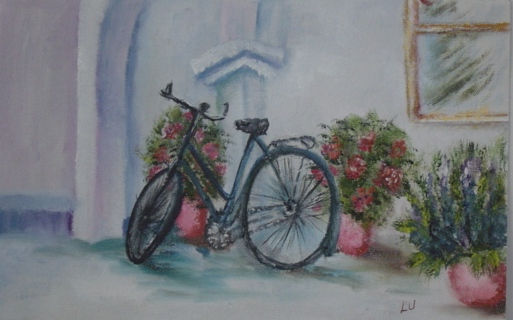 bici Óleo Papel Paisaje