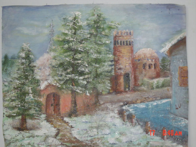 CASTILLO CON  NIEVE Óleo Papel Paisaje