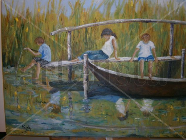 NIÑOS EN EL PAMTALAN Oil Canvas Landscaping