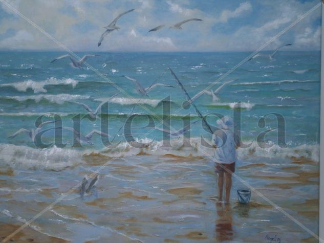 NIÑO PESCANDO Oil Canvas Marine Painting