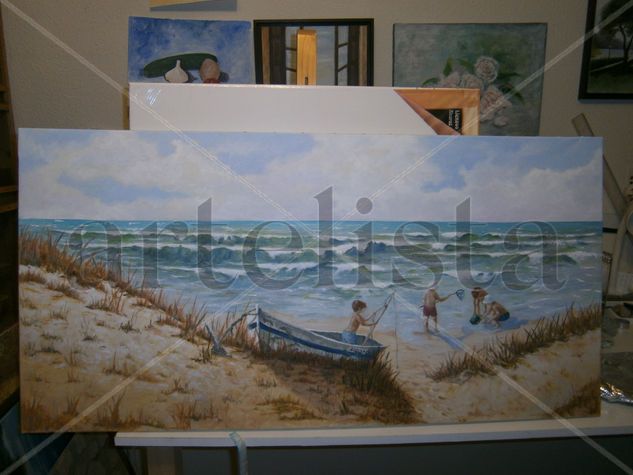 NIÑOS JUGANDO EN LA PLAYA II Oil Canvas Marine Painting