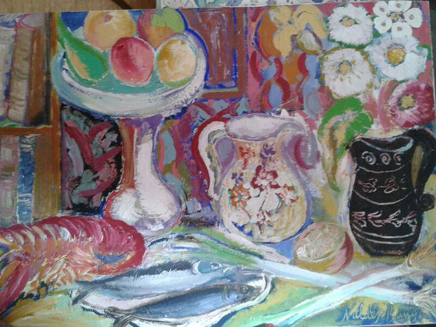 Bodegón con pescado de arrastre Mixed media Canvas Still Life Paintings