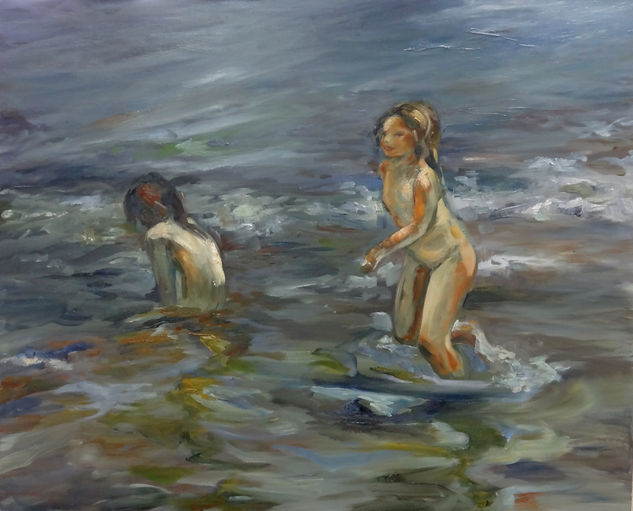 niñas bañandose en la playa Mixed media Canvas Marine Painting