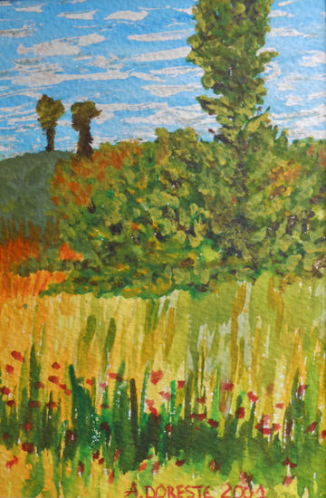 Paisaje con amapolas Acuarela Papel Paisaje