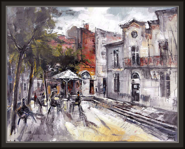 NAVARCLES-PINTURA-PAISAJE-AYUNTAMIENTO-PLAZA-CUADROS-PINTOR-ERNEST DESCALS Oil Canvas Landscaping