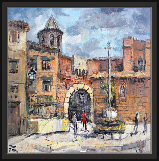 PRADES-PINTURA-PUEBLOS-TARRAGONA-PAISAJE-CRUZ-PORTAL-PINTOR-ERNEST DESCALS Óleo Lienzo Paisaje