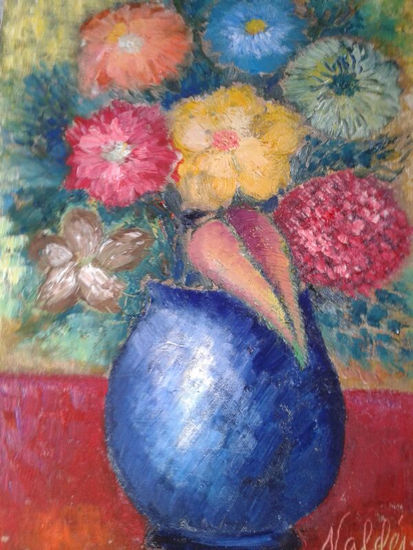 Jarrón azul con flores de colores Oil Canvas Floral Painting