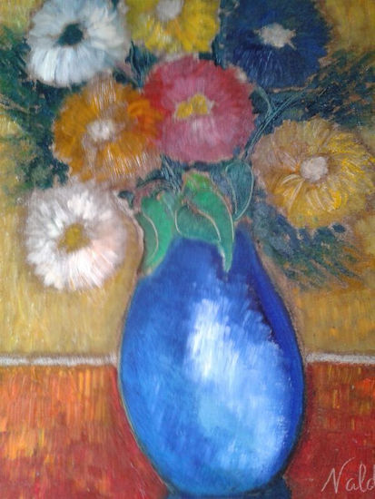 Jarrón azul sobre fondo amarillo Oil Canvas Floral Painting