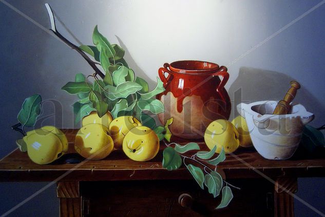 Jarrón de barro, mortero de marmol y membrillos. Oil Canvas Still Life Paintings