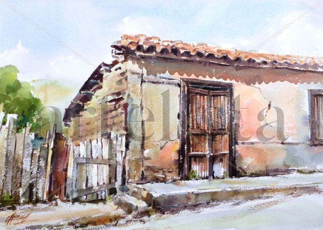 Fachada de adobe Acuarela Papel Paisaje