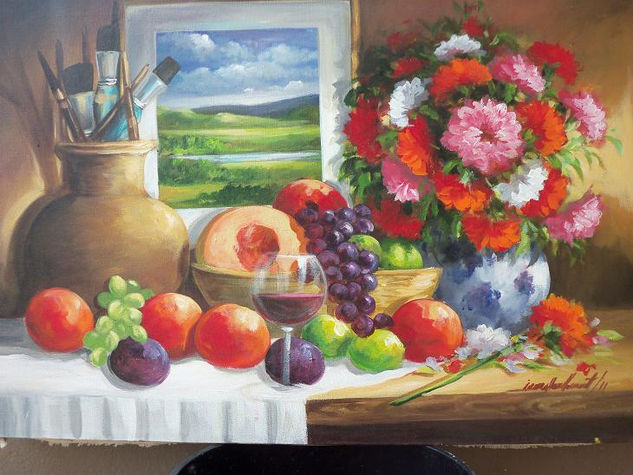 Frutas y flores tradicionales Acrylic Textile Still Life Paintings