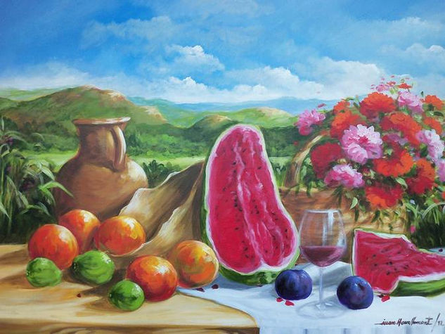 Bodegón en el campo 1 Acrylic Textile Still Life Paintings