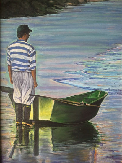 La barca del pescador que espera cantando el dia.... Oil Canvas Marine Painting