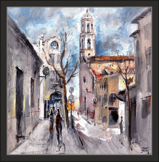 CUBELLES-PINTURA-IGLESIA-PAISAJE-CALLES-CUADROS-PINTOR-ERNEST DESCALS Oil Canvas Landscaping