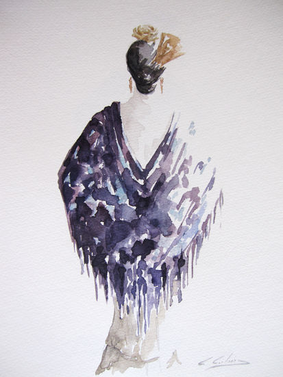 GITANA CON MANTON MORADO Watercolour Paper Figure Painting