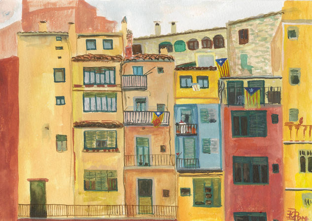 Casitas de Girona Media Mixta Papel Paisaje