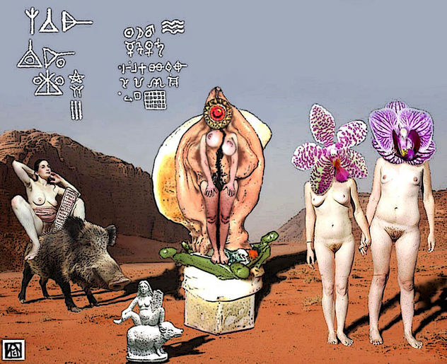 Efigie de la diosa griega Baubo en un desierto con orquideas antropomorfas