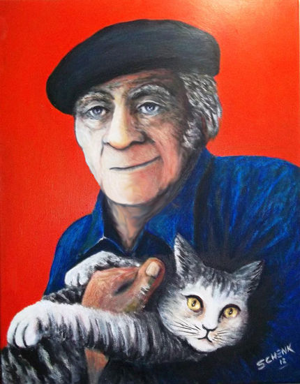 El amigo del gato. Óleo Lienzo Retrato