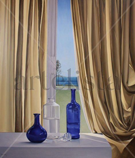 "Botellas y paisaje" Oil Canvas Still Life Paintings