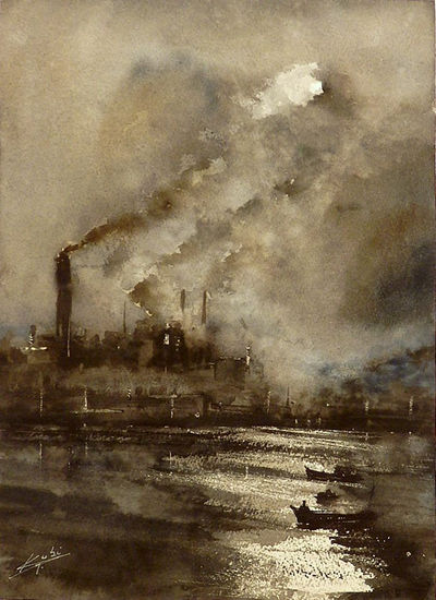 INDUSTRIA AL ANOCHECER Watercolour Paper Marine Painting